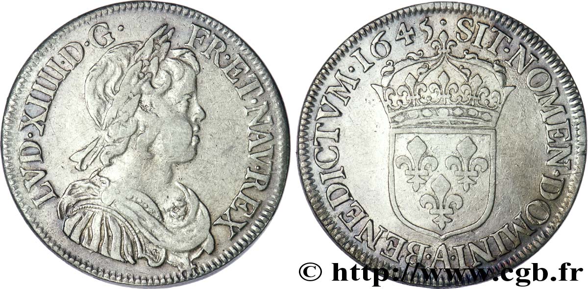 LOUIS XIV LE GRAND OU LE ROI SOLEIL Demi-écu à la mèche courte 1645 Paris, Monnaie du Louvre TTB