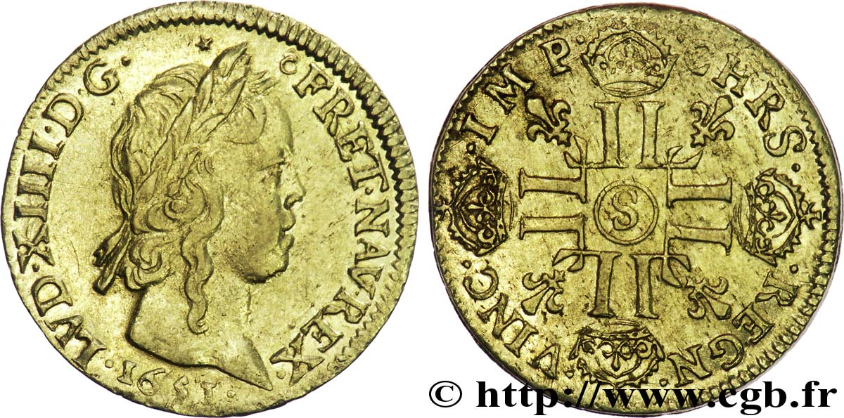LOUIS XIV LE GRAND OU LE ROI SOLEIL Louis d’or aux huit L, portrait à la mèche longue 1651 Troyes TTB