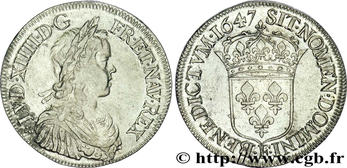LOUIS XIV  THE SUN KING  Écu à la mèche longue 1647 Angers BB/q.SPL