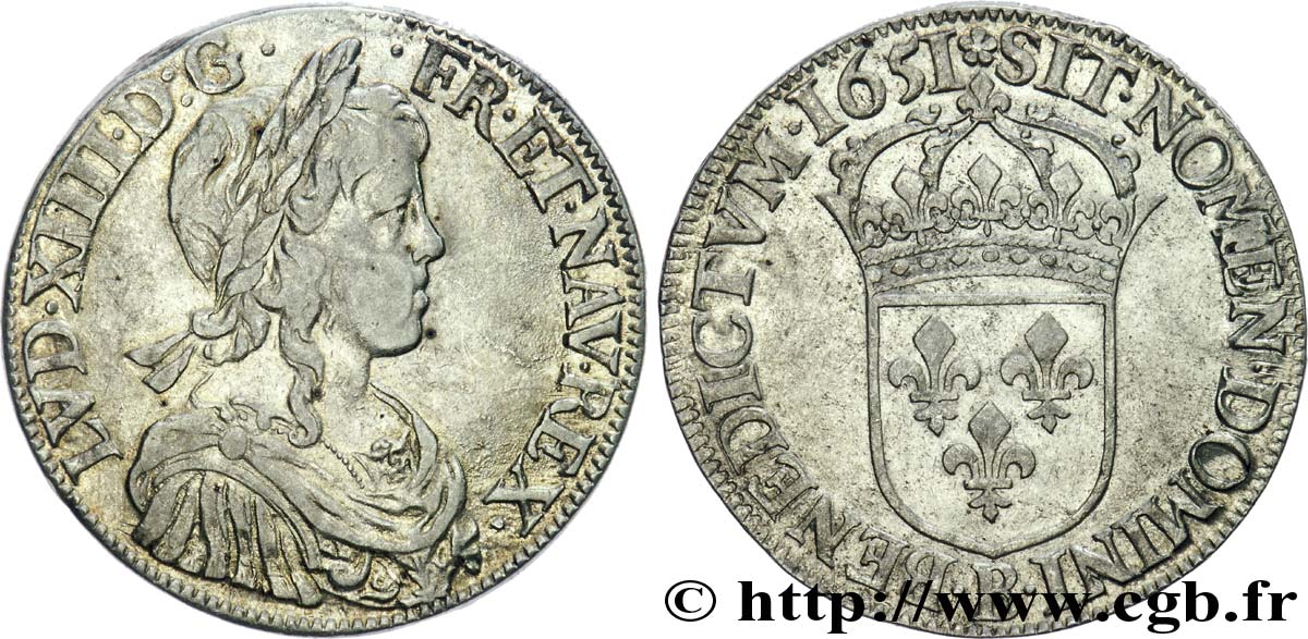 LOUIS XIV LE GRAND OU LE ROI SOLEIL Écu à la mèche longue 1651 Rouen TB+/TTB