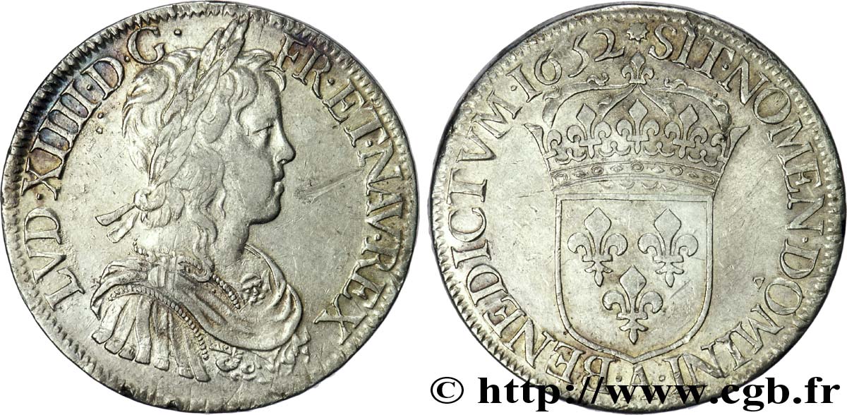 LOUIS XIV LE GRAND OU LE ROI SOLEIL Écu à la mèche longue 1652 Paris TTB+