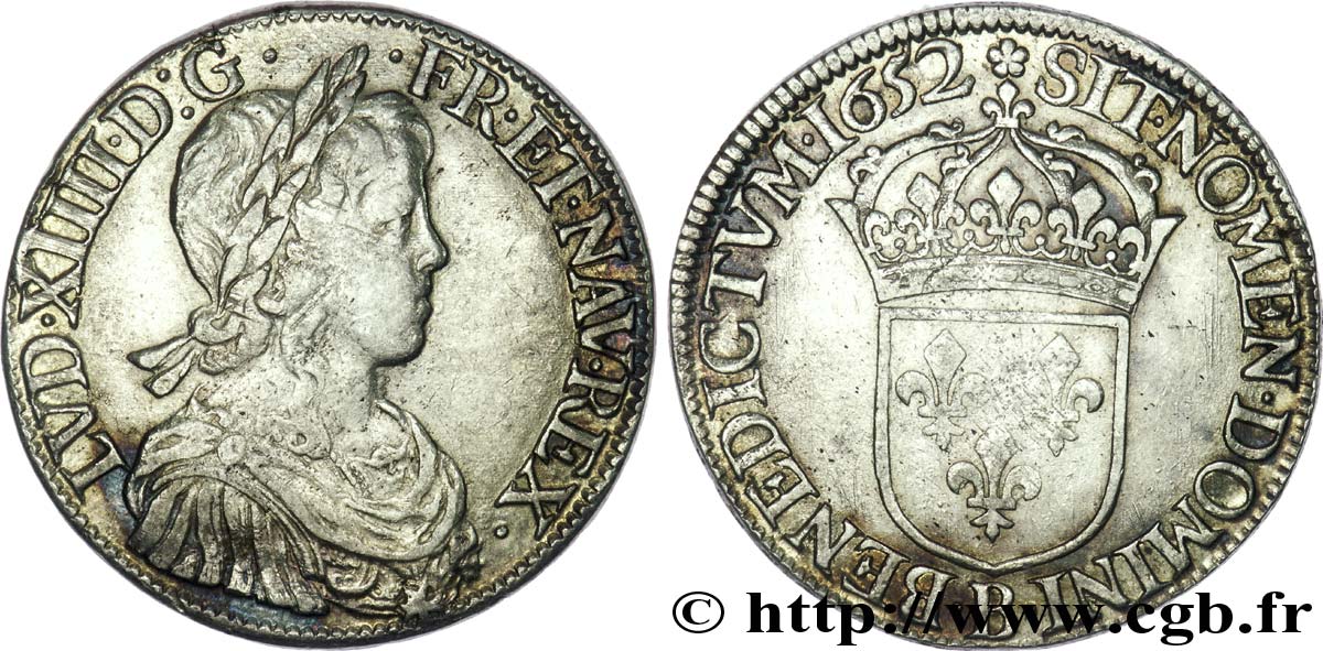 LOUIS XIV LE GRAND OU LE ROI SOLEIL Écu à la mèche longue 1652 Rouen TB+/TTB