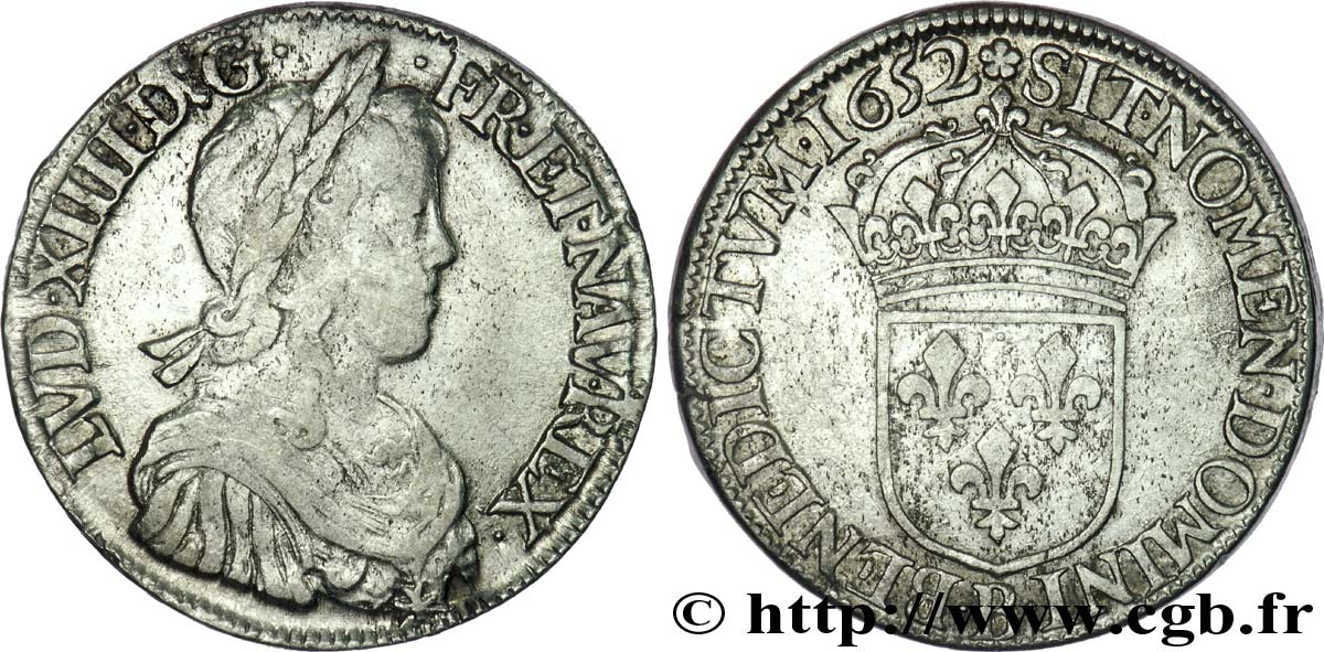 LOUIS XIV  THE SUN KING  Écu à la mèche longue 1652 Rouen S/fSS