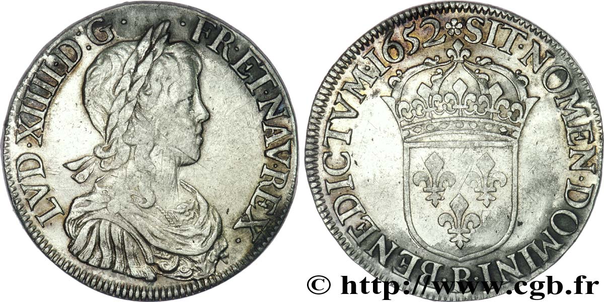 LOUIS XIV LE GRAND OU LE ROI SOLEIL Écu à la mèche longue 1652 Rouen TB+/TTB