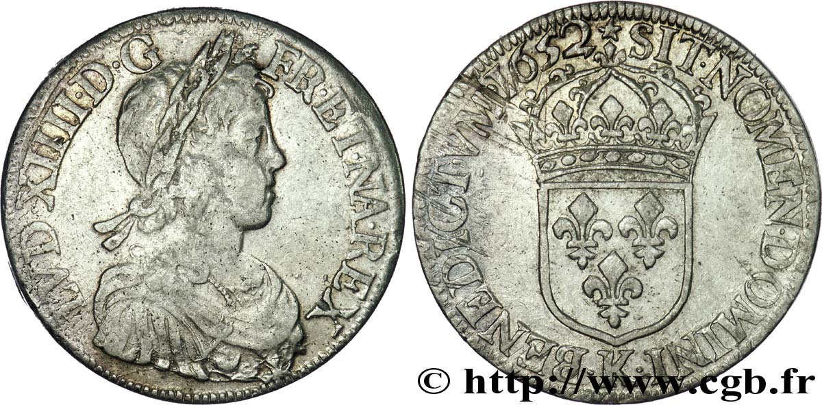 LOUIS XIV LE GRAND OU LE ROI SOLEIL Écu à la mèche longue 1652 Bordeaux TB+/TTB