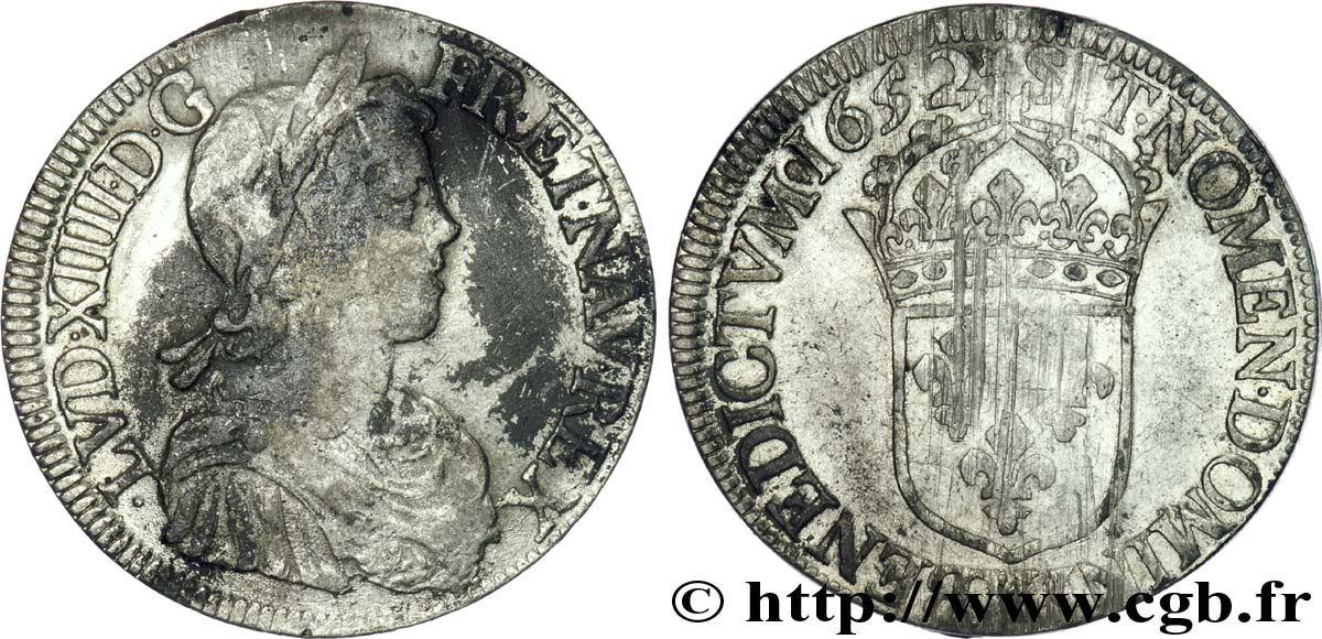 LOUIS XIV  THE SUN KING  Écu à la mèche longue 1652 Bordeaux VF