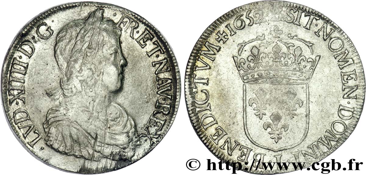 LOUIS XIV LE GRAND OU LE ROI SOLEIL Écu à la mèche longue 1652 Bayonne TB+/TTB