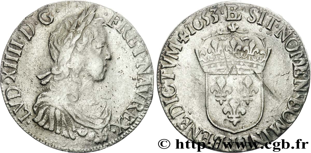 LOUIS XIV LE GRAND OU LE ROI SOLEIL Écu à la mèche longue 1653 Bayonne TB/TB+