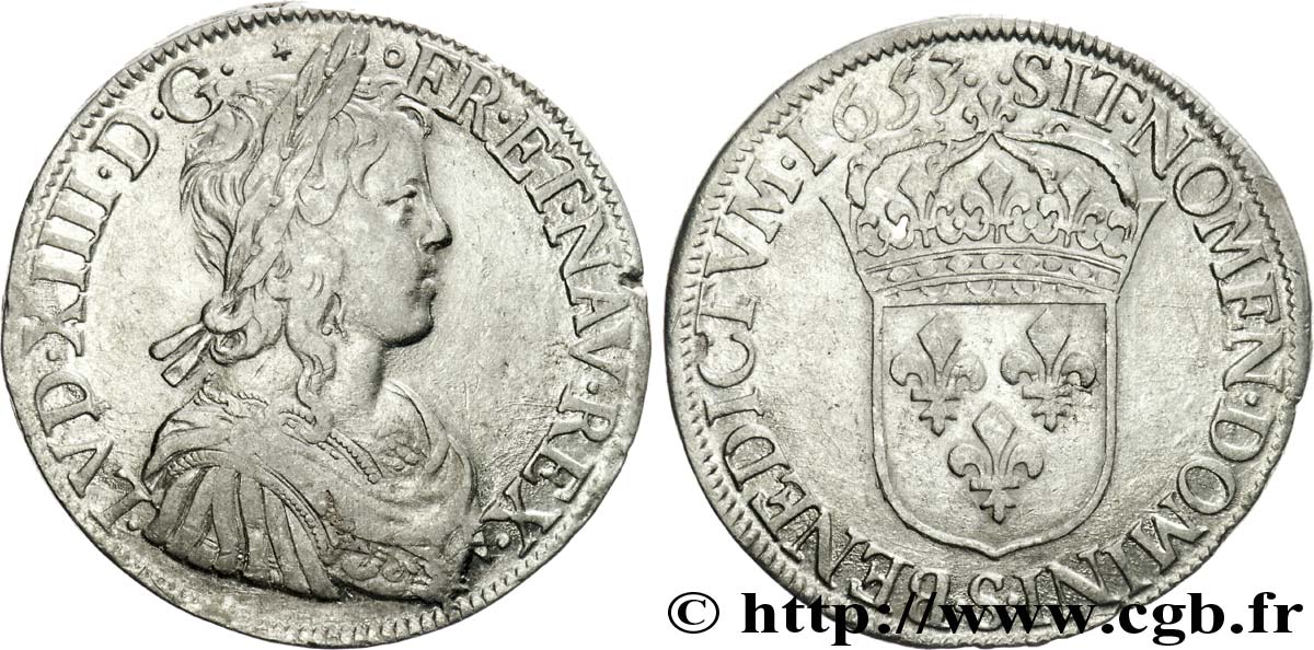 LOUIS XIV LE GRAND OU LE ROI SOLEIL Écu à la mèche longue 1653 Troyes TB+/TTB