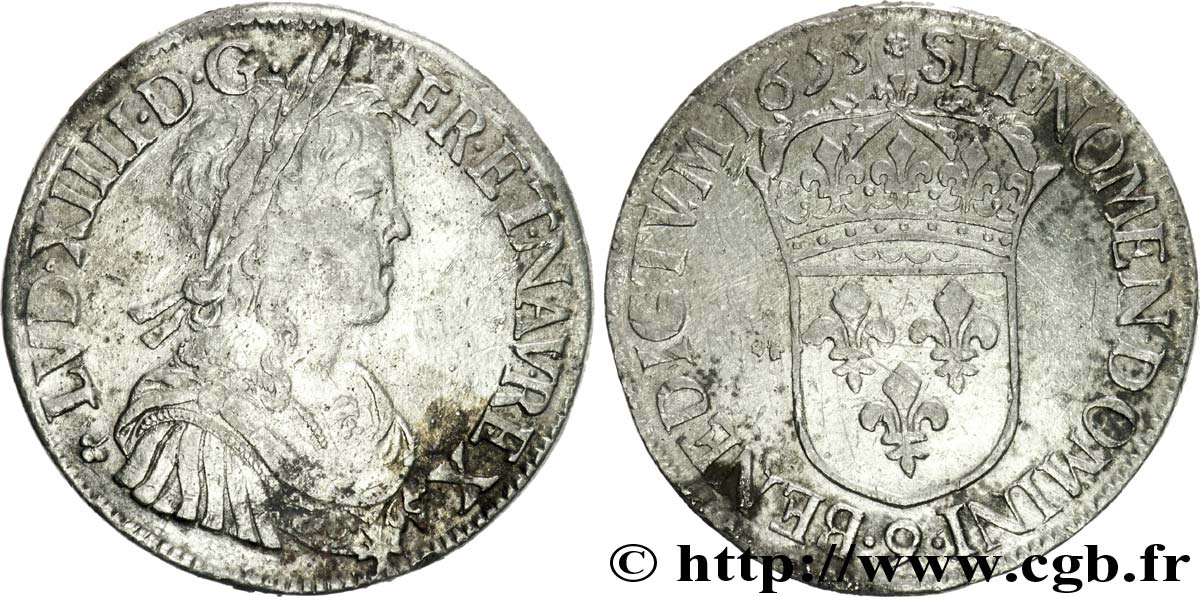 LOUIS XIV LE GRAND OU LE ROI SOLEIL Écu à la mèche longue 1653 Rennes TB+/TTB