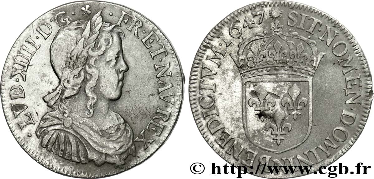 LOUIS XIV  THE SUN KING  Demi-écu à la mèche longue 1647 Montpellier MBC