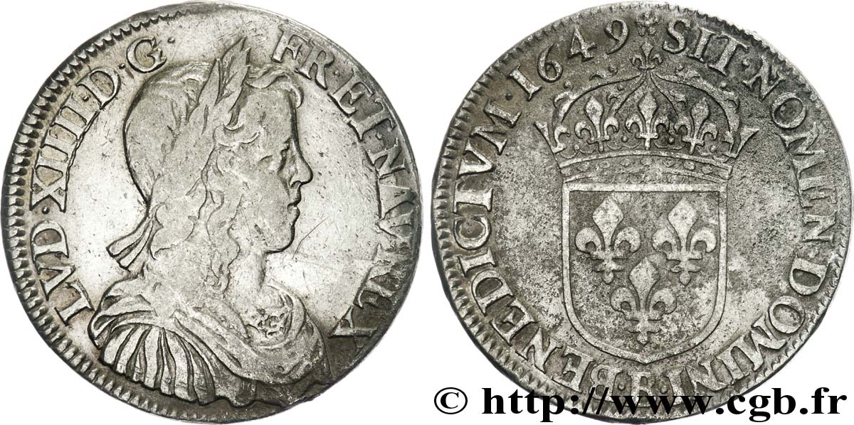 LOUIS XIV  THE SUN KING  Demi-écu à la mèche longue 1649 Rouen VF