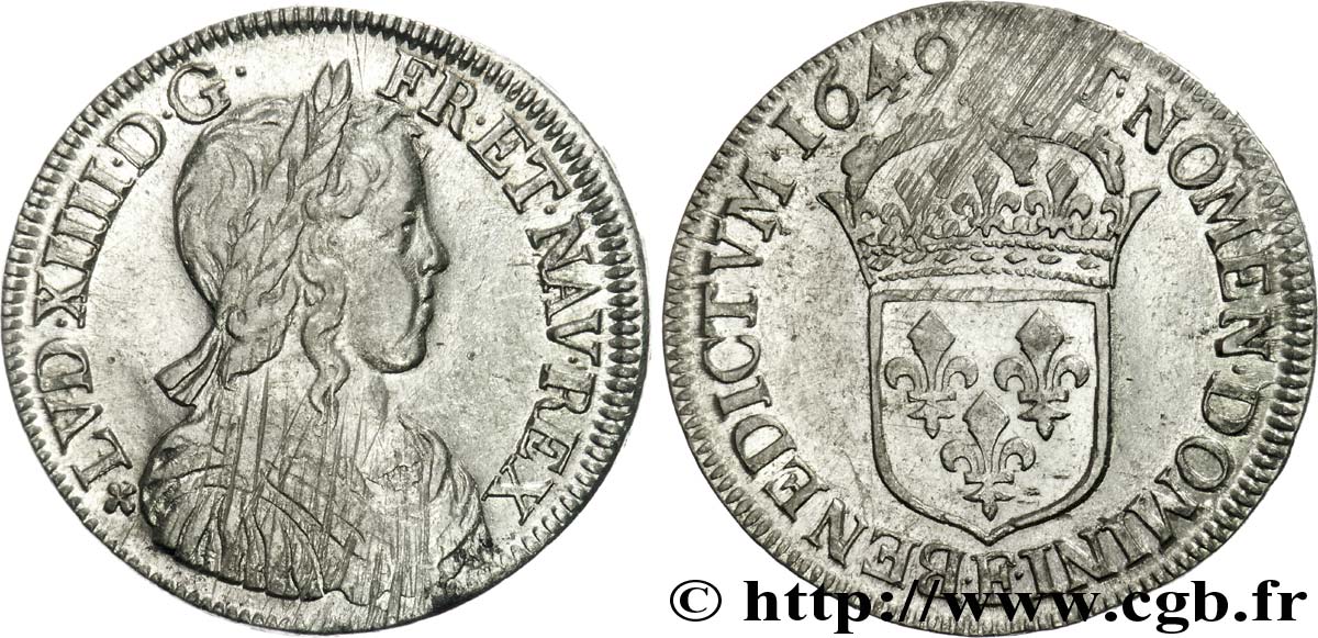 LOUIS XIV LE GRAND OU LE ROI SOLEIL Demi-écu à la mèche longue 1649 Angers TB+/TTB+