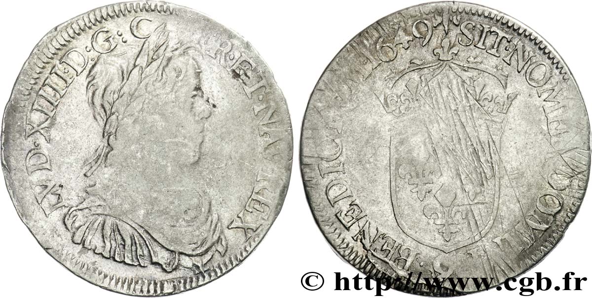 LOUIS XIV LE GRAND OU LE ROI SOLEIL Demi-écu à la mèche longue 1649 Rennes TB/B+