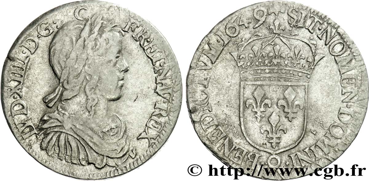 LOUIS XIV LE GRAND OU LE ROI SOLEIL Demi-écu à la mèche longue 1649 Rennes TB+