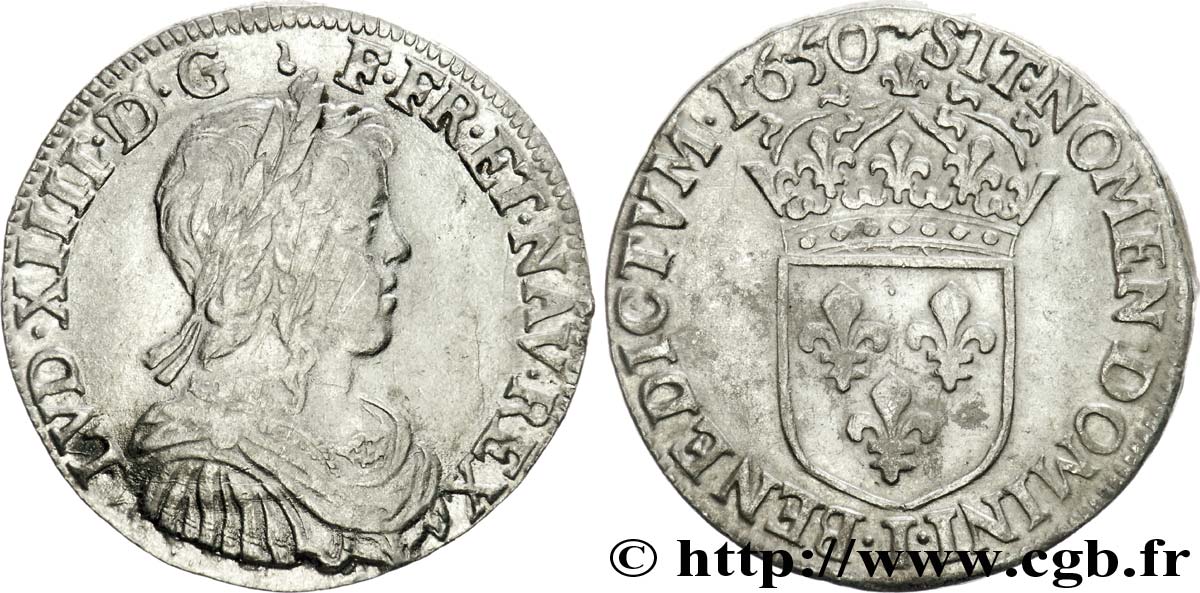 LOUIS XIV  THE SUN KING  Demi-écu à la mèche longue 1650 Limoges SS