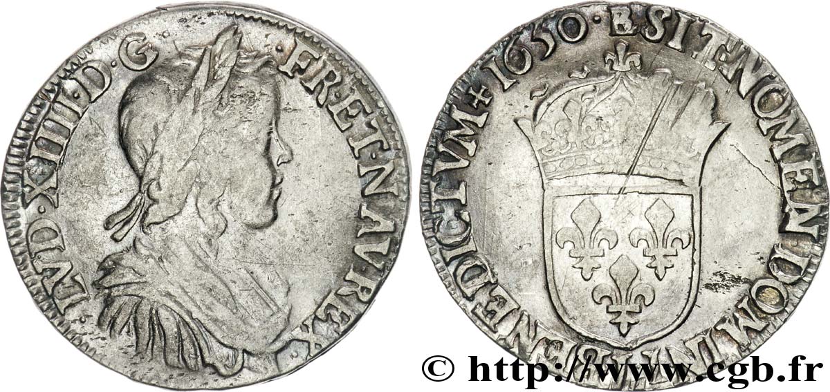 LOUIS XIV LE GRAND OU LE ROI SOLEIL Demi-écu à la mèche longue 1650 Bayonne TB/TB+
