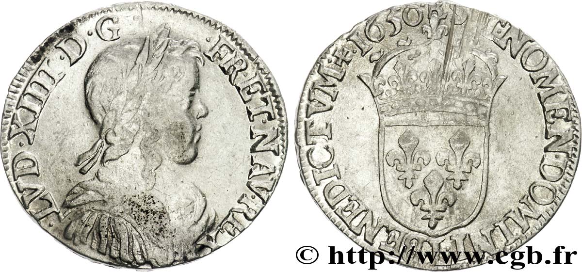 LOUIS XIV  THE SUN KING  Demi-écu à la mèche longue 1650 Bayonne VF/VF