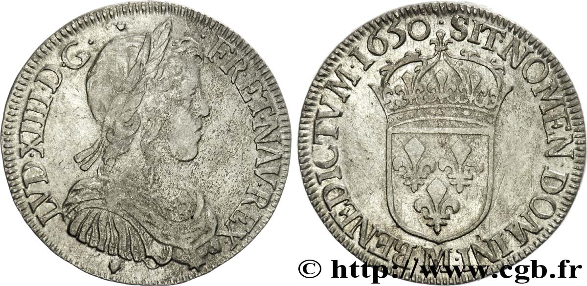 LOUIS XIV  THE SUN KING  Demi-écu à la mèche longue 1650 Toulouse VF/XF