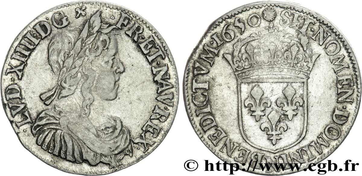 LOUIS XIV LE GRAND OU LE ROI SOLEIL Demi-écu à la mèche longue 1650 Montpellier TB+