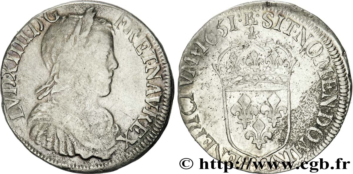 LOUIS XIV LE GRAND OU LE ROI SOLEIL Demi-écu à la mèche longue 1651 Bayonne TB/TB+