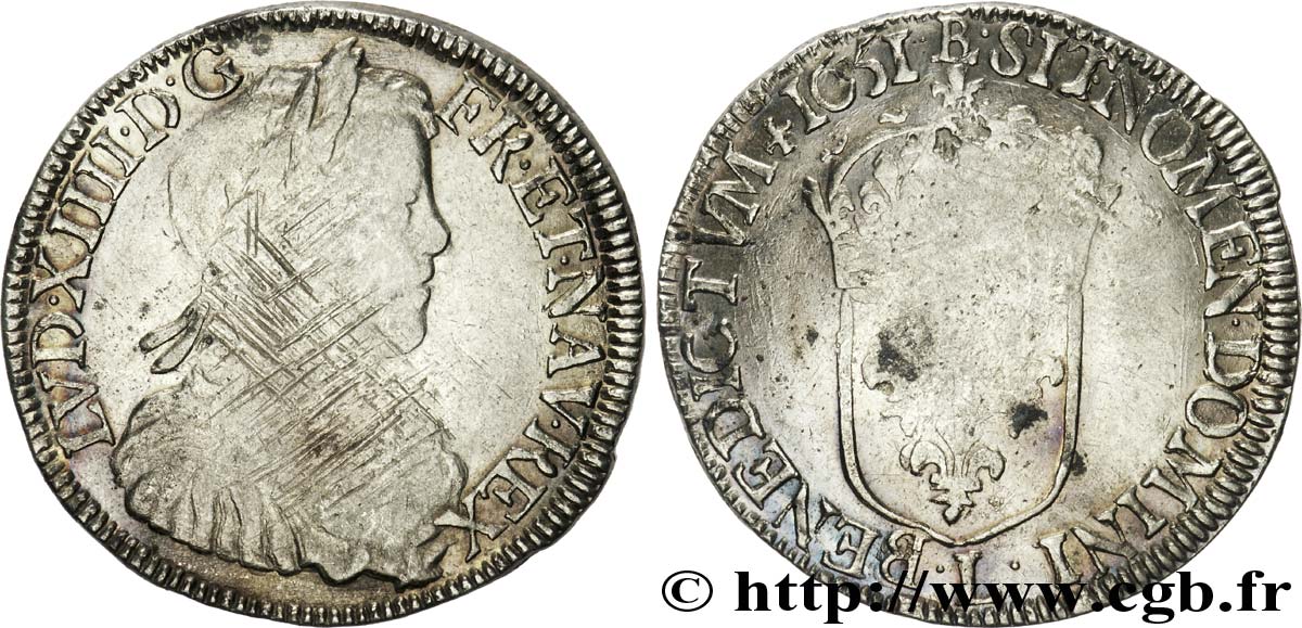 LOUIS XIV  THE SUN KING  Demi-écu à la mèche longue 1651 Bayonne VF/VF