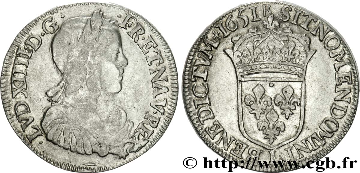 LOUIS XIV LE GRAND OU LE ROI SOLEIL Demi-écu à la mèche longue 1651 Bayonne TB+/TTB