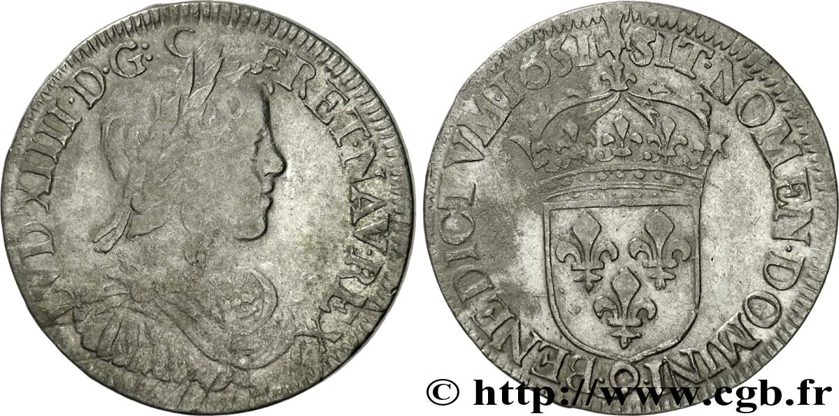 LOUIS XIV LE GRAND OU LE ROI SOLEIL Demi-écu à la mèche longue 1651 Rennes TB+/TTB