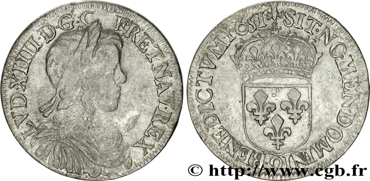 LOUIS XIV LE GRAND OU LE ROI SOLEIL Demi-écu à la mèche longue 1651 Rennes TB+/TTB