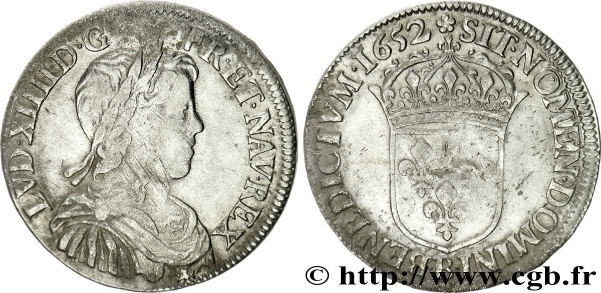 LOUIS XIV LE GRAND OU LE ROI SOLEIL Demi-écu à la mèche longue 1652 Rouen TB+