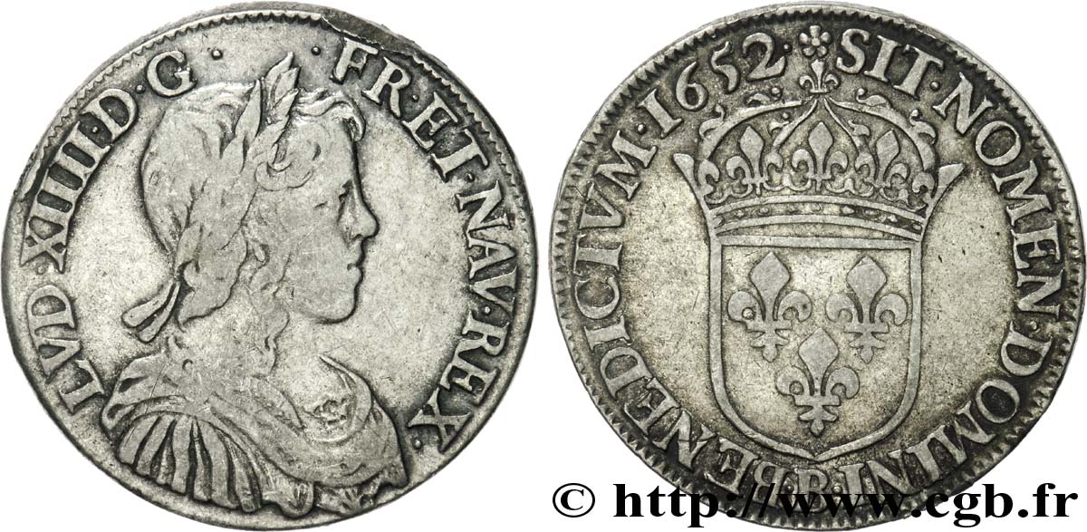 LOUIS XIV  THE SUN KING  Demi-écu à la mèche longue 1652 Rouen VF