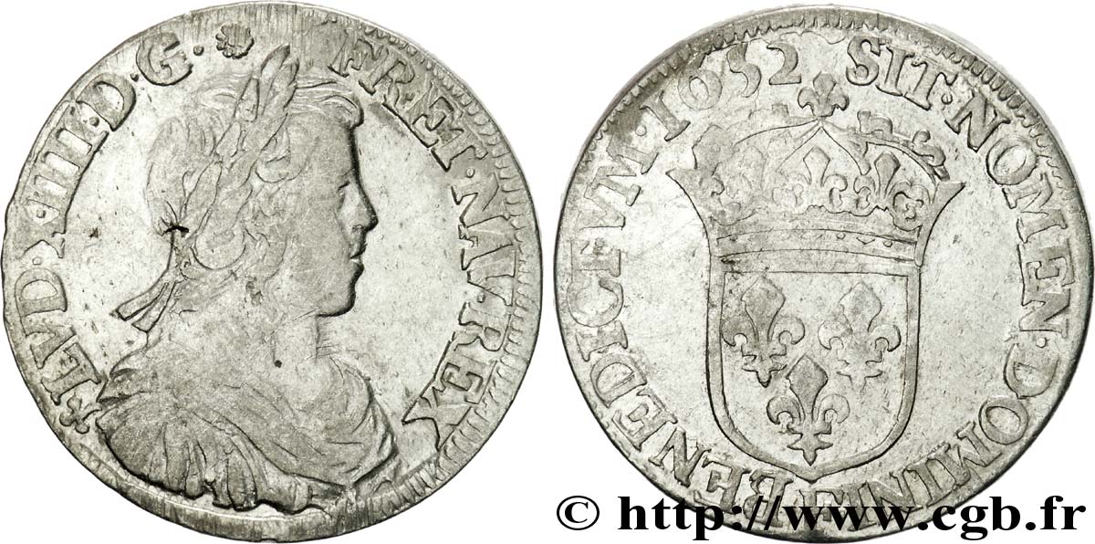 LOUIS XIV LE GRAND OU LE ROI SOLEIL Demi-écu à la mèche longue 1652 Angers TB+