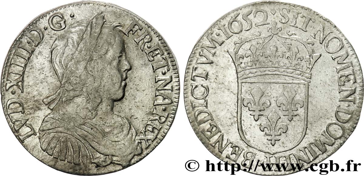 LOUIS XIV  THE SUN KING  Demi-écu à la mèche longue 1652 La Rochelle VF/XF