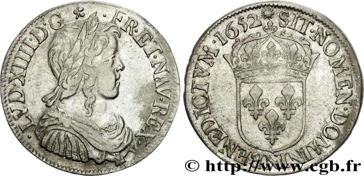 LOUIS XIV LE GRAND OU LE ROI SOLEIL Demi-écu à la mèche longue 1652 Montpellier TB+