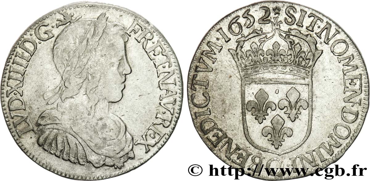 LOUIS XIV LE GRAND OU LE ROI SOLEIL Demi-écu à la mèche longue 1652 Narbonne TB+/TTB