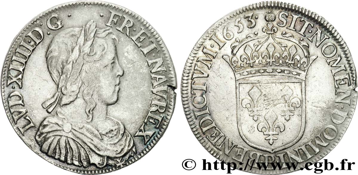 LOUIS XIV LE GRAND OU LE ROI SOLEIL Demi-écu à la mèche longue 1653 Rouen TTB