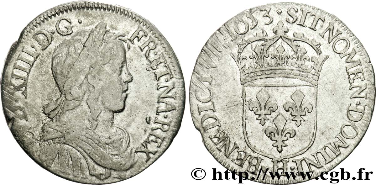 LOUIS XIV LE GRAND OU LE ROI SOLEIL Demi-écu à la mèche longue 1653 La Rochelle TB/TB+