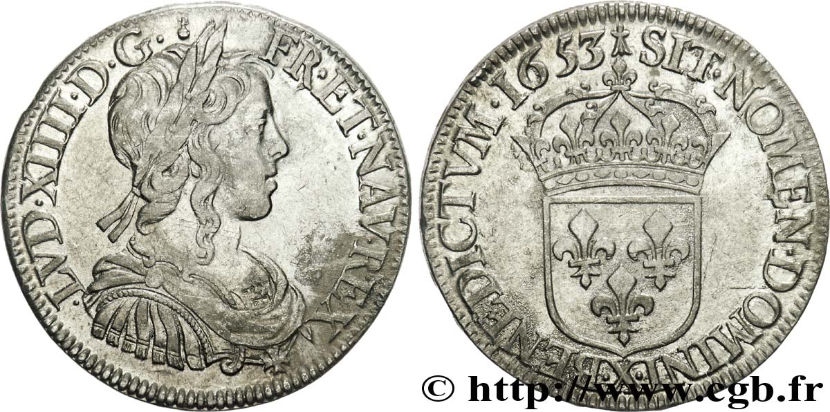 LOUIS XIV LE GRAND OU LE ROI SOLEIL Demi-écu à la mèche longue 1653 Amiens TTB