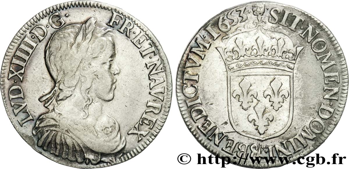 LOUIS XIV LE GRAND OU LE ROI SOLEIL Demi-écu à la mèche longue 1653 Aix-en-Provence TB+/TTB