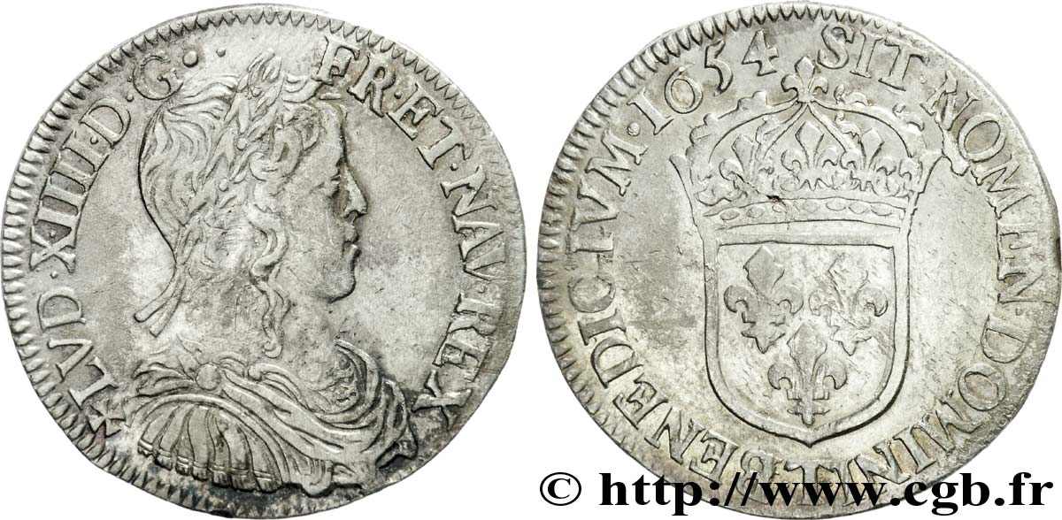 LOUIS XIV LE GRAND OU LE ROI SOLEIL Demi-écu à la mèche longue 1654 Nantes TTB