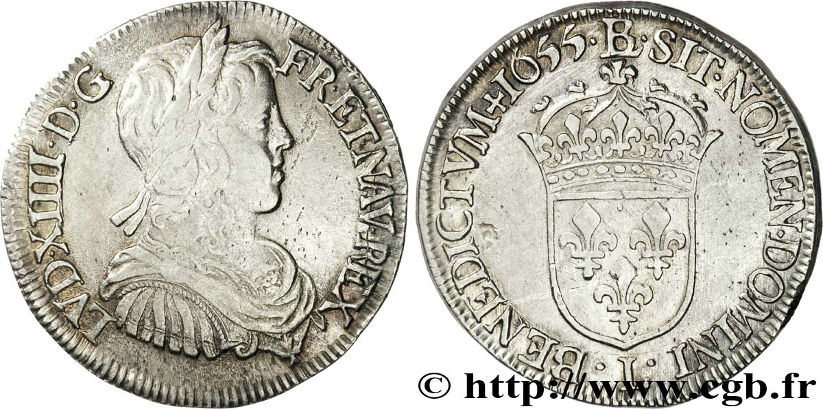 LOUIS XIV LE GRAND OU LE ROI SOLEIL Demi-écu à la mèche longue 1655 Bayonne TTB