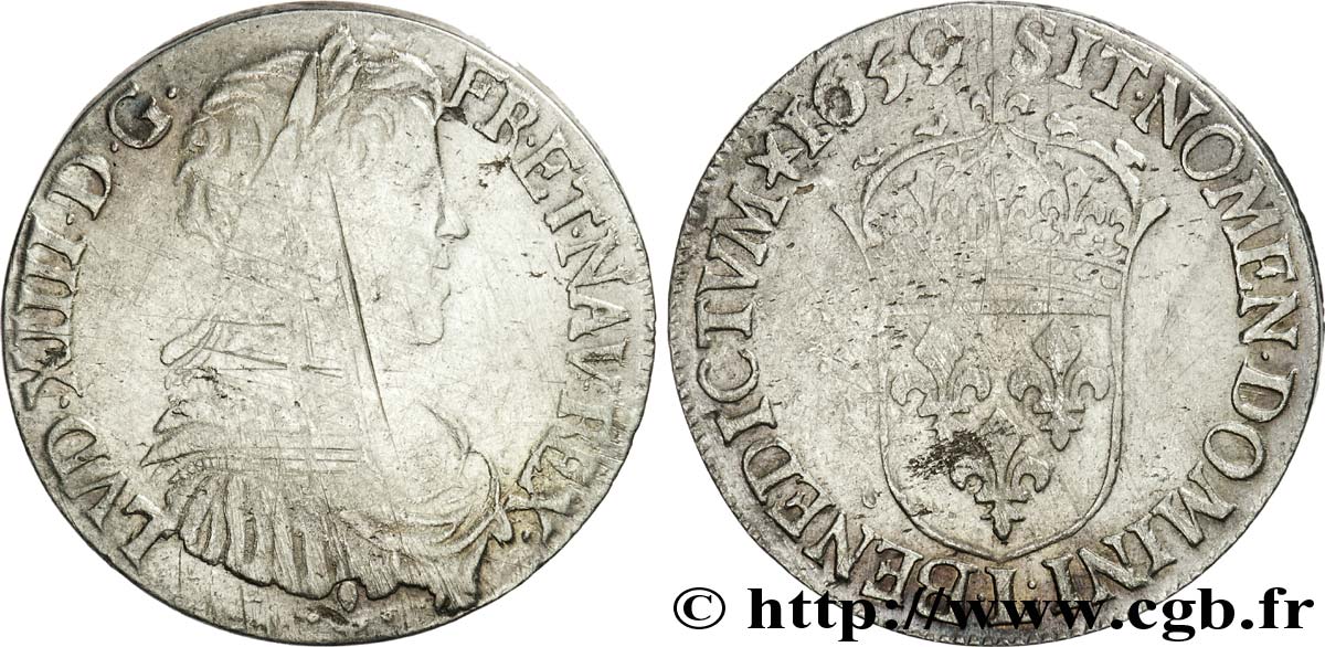 LOUIS XIV  THE SUN KING  Demi-écu à la mèche longue 1659 Bayonne MB/q.BB