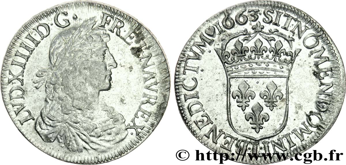 LOUIS XIV LE GRAND OU LE ROI SOLEIL Écu au buste juvénile, 1er type 1663 Bayonne TTB+