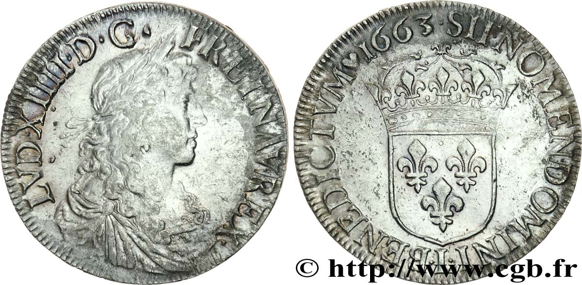 LOUIS XIV  THE SUN KING  Écu au buste juvénile, 1er type 1663 Bayonne BB/q.SPL