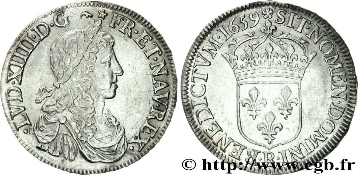 LOUIS XIV LE GRAND OU LE ROI SOLEIL Demi-écu au buste juvénile, au grand buste drapé (type de Rouen) 1659 Rouen SUP