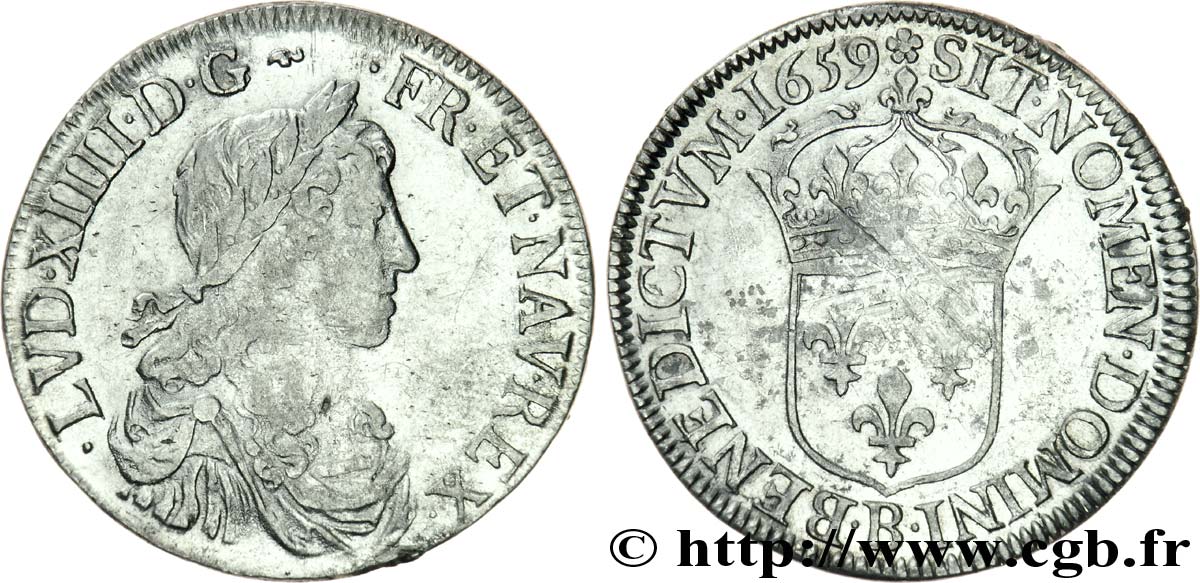 LOUIS XIV  THE SUN KING  Demi-écu au buste juvénile, au grand buste drapé (type de Rouen) 1659 Rouen BB/q.SPL