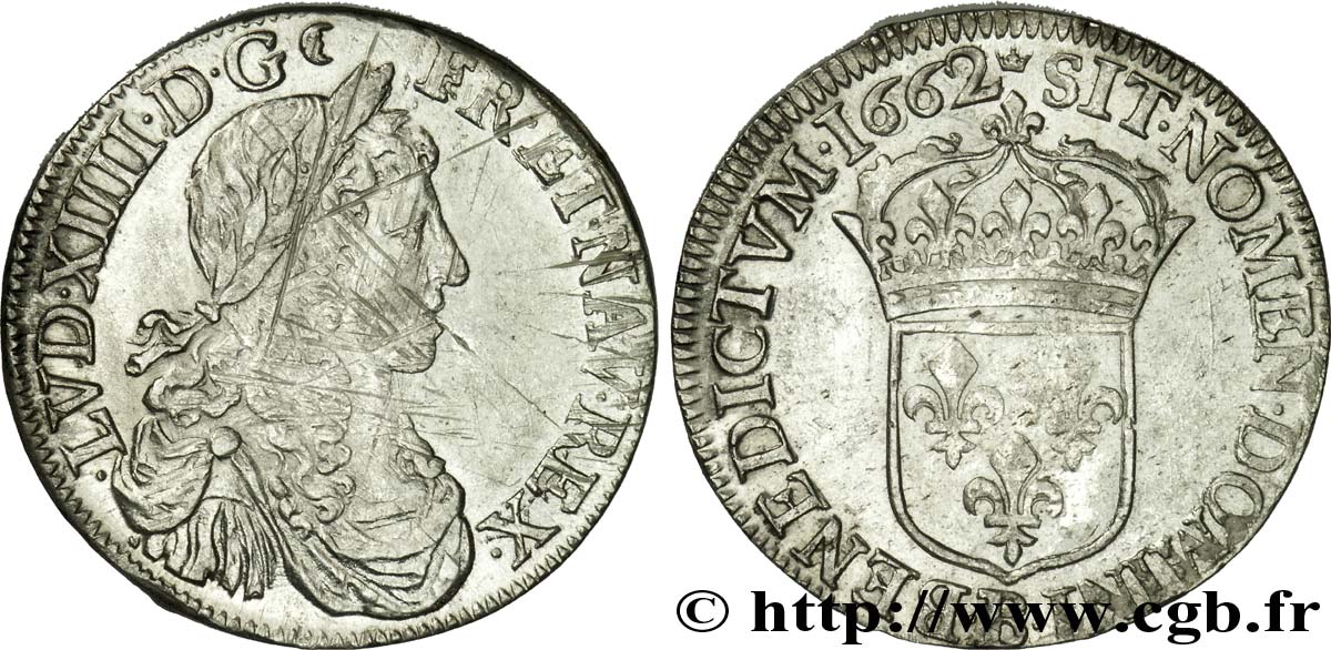 LOUIS XIV LE GRAND OU LE ROI SOLEIL Demi-écu au buste juvénile, au grand buste drapé 1662 Rouen TTB/TTB+