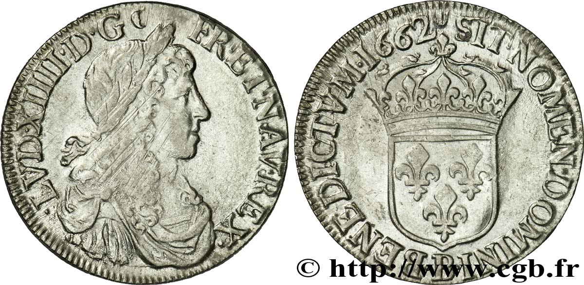 LOUIS XIV LE GRAND OU LE ROI SOLEIL Demi-écu au buste juvénile, au grand buste drapé 1662 Rouen TTB+