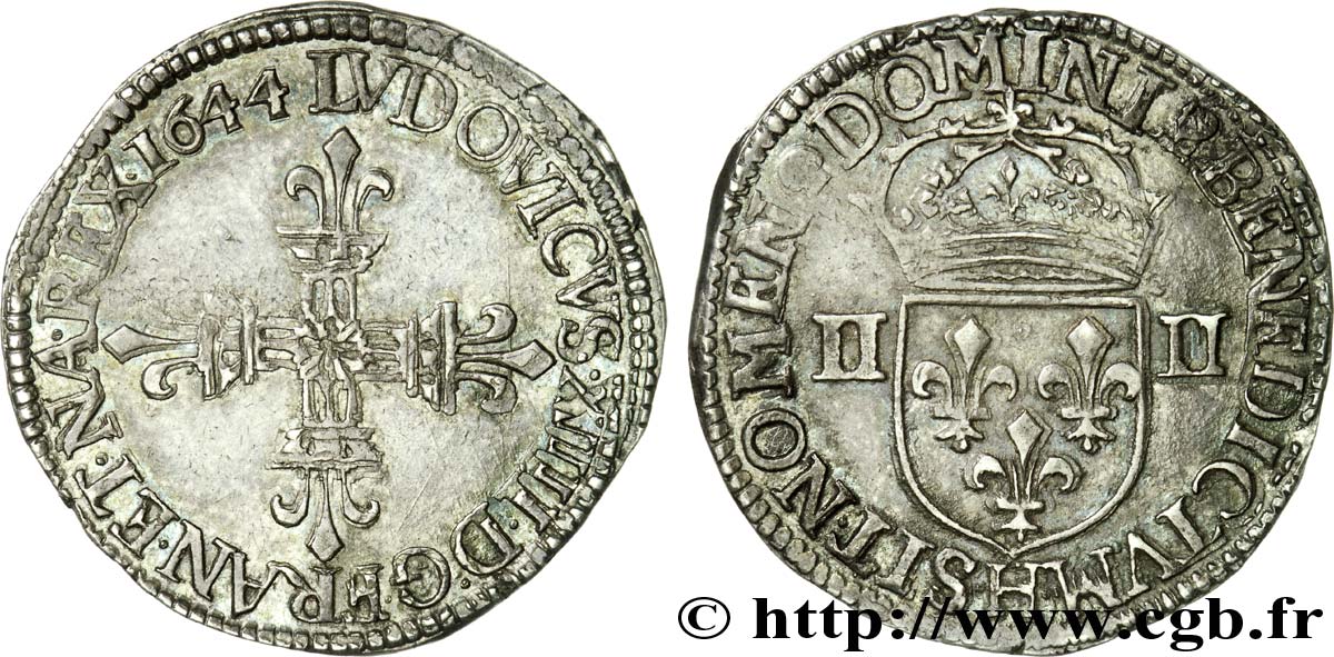 LOUIS XIV LE GRAND OU LE ROI SOLEIL Quart d écu, 1er type 1644 La Rochelle TTB+