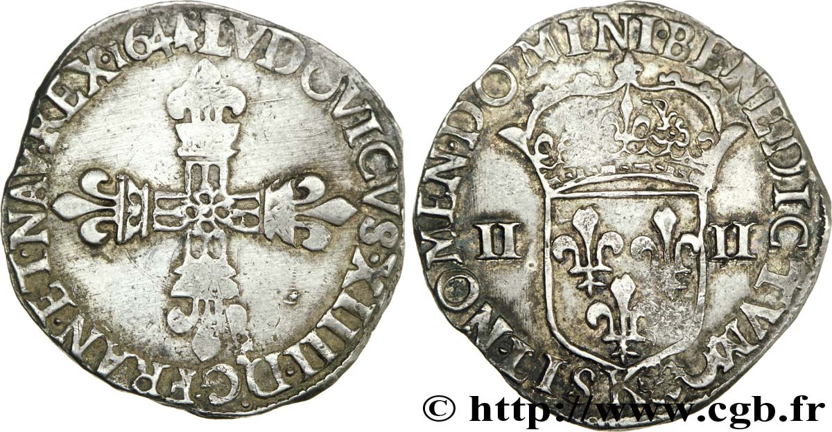 LOUIS XIV  THE SUN KING  Quart d écu, croix de face 1644 Bordeaux BC+